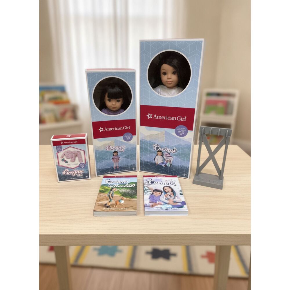 American Girl Corinne & Gwynn Tan Doll Lot GOTY 2022 Boxes Books Stand EUC